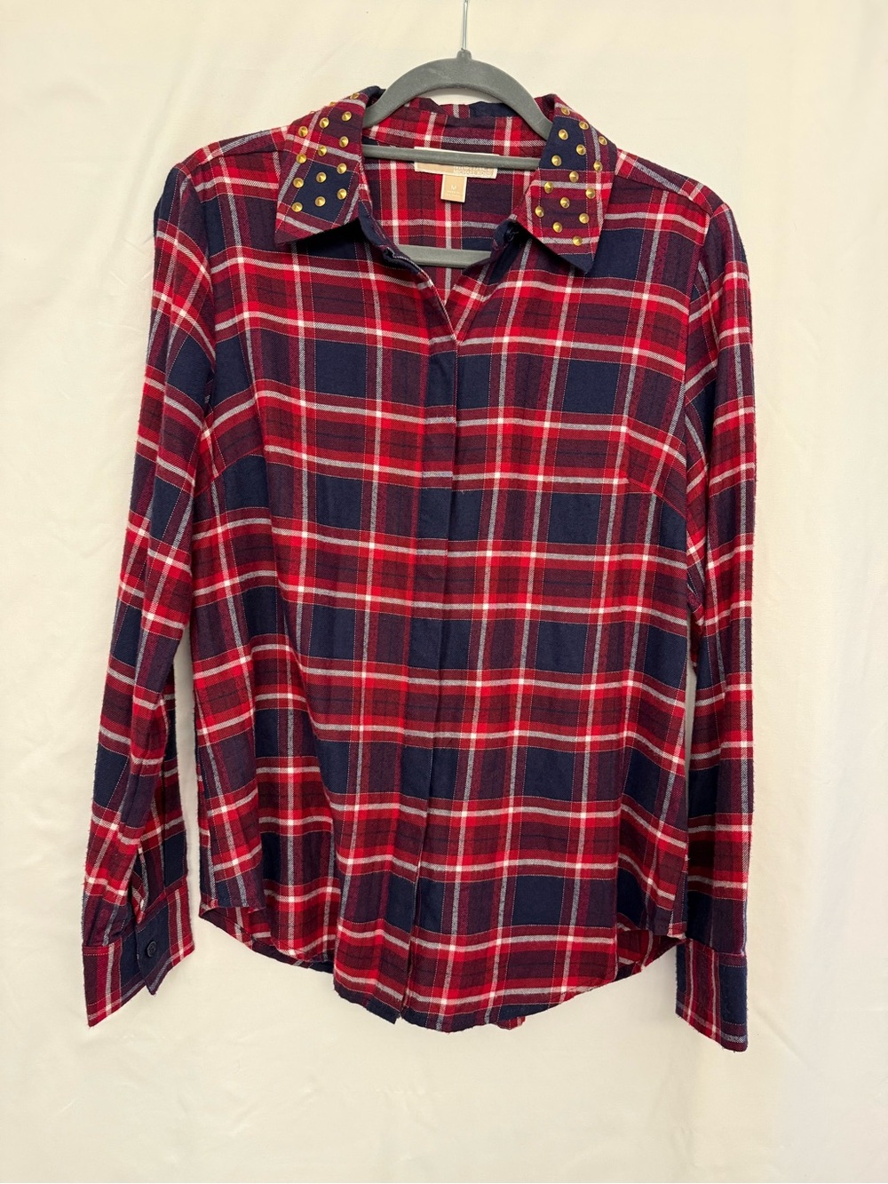 Michael Kors Women’s Red & Navy Plaid Button-Down Shirt with Studded Collar